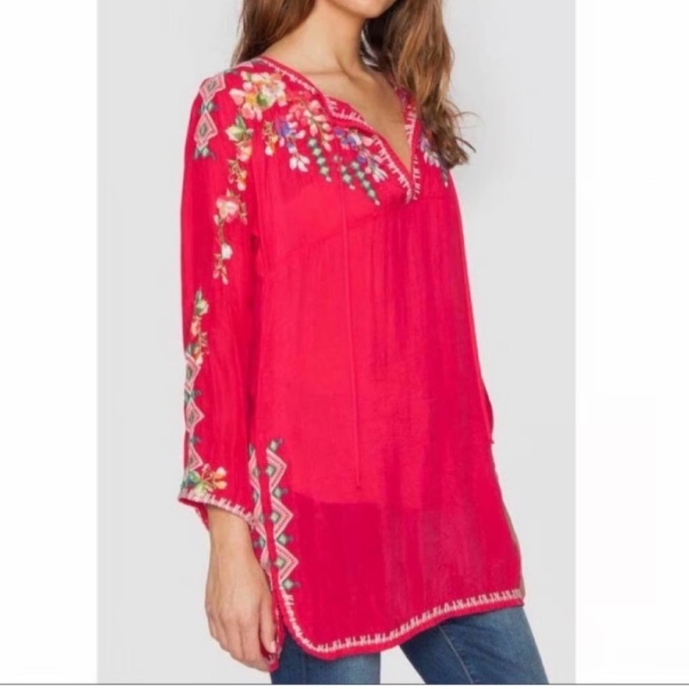 JOHNNY WAS Vanessa Cupro Blouse Red Embroidered Long Sleeve Tunic Top Small